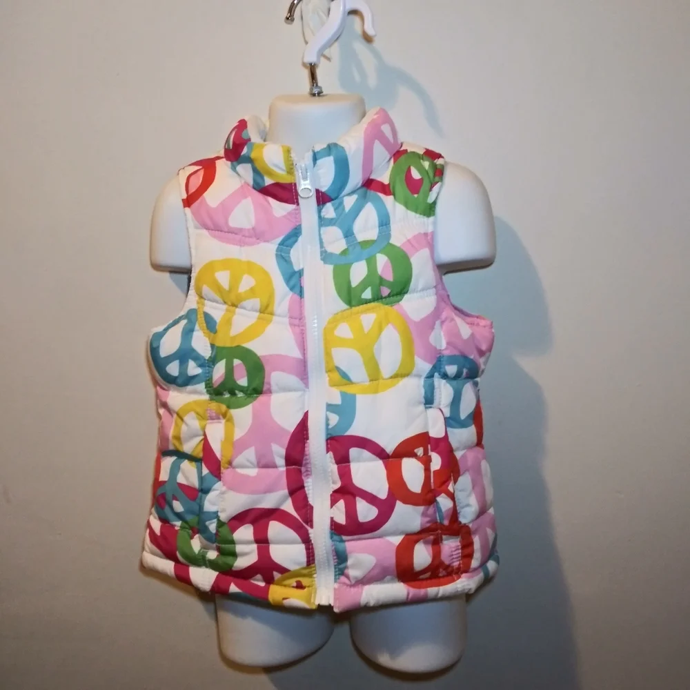 Old Navy Hippie/Boho Multicolored Peace Sign Fleece Lined Puffer Vest - Picture 6 of 6